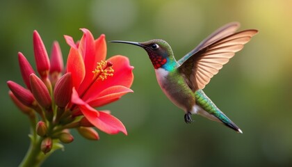 Fototapeta premium Hummingbird mid-flight near vibrant red flower to pick up nectar. 