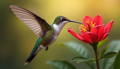 Fototapeta premium Hummingbird mid-flight near vibrant red flower to pick up nectar. 