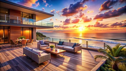 Fototapeta premium Modern Oceanfront Home Expansive Deck Outdoor Entertaining Luxury Real Estate