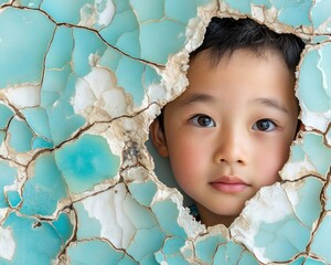 While this image is not of An Asian mother reading alongside her son, their bond deepened by shared learning and togetherness, it does depict a young Asian child peeking through a cracked blue wall