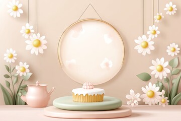A pastel-themed dessert display with a cake, teapot, and floral decorations.