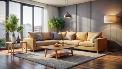 Fototapeta premium Modern Sectional Sofa, Grey Rug, Low Coffee Table in Living Room - Interior Design Stock Photo