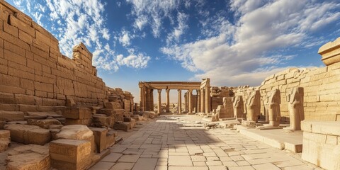 Ancient ruins showcasing magnificent columns and statues under a vivid blue sky at noon