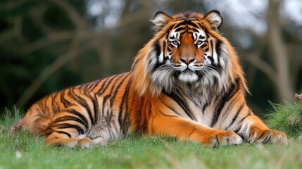 Fototapeta premium A majestic tiger resting on the grass, showcasing its vibrant orange and black stripes.