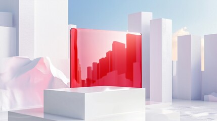 High-resolution 3D rendering of a white podium with a glossy pink glass finish, set against a futuristic architectural scene. A red sign with a rotating motion provides a striking contrast.