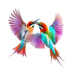 Obraz premium Two colorful birds with vibrant feathers are interacting in mid-air.