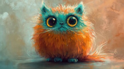 Fototapeta premium Fluffy, colorful, stylized cartoon cat with large eyes, sitting and looking directly at the viewer.