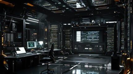 Futuristic, dark, high-tech server room with computers, displays, and consoles.