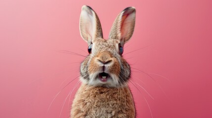 A rabbit with a surprised expression on a pink background