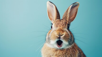 Rabbit with a surprised expression on a blue background 