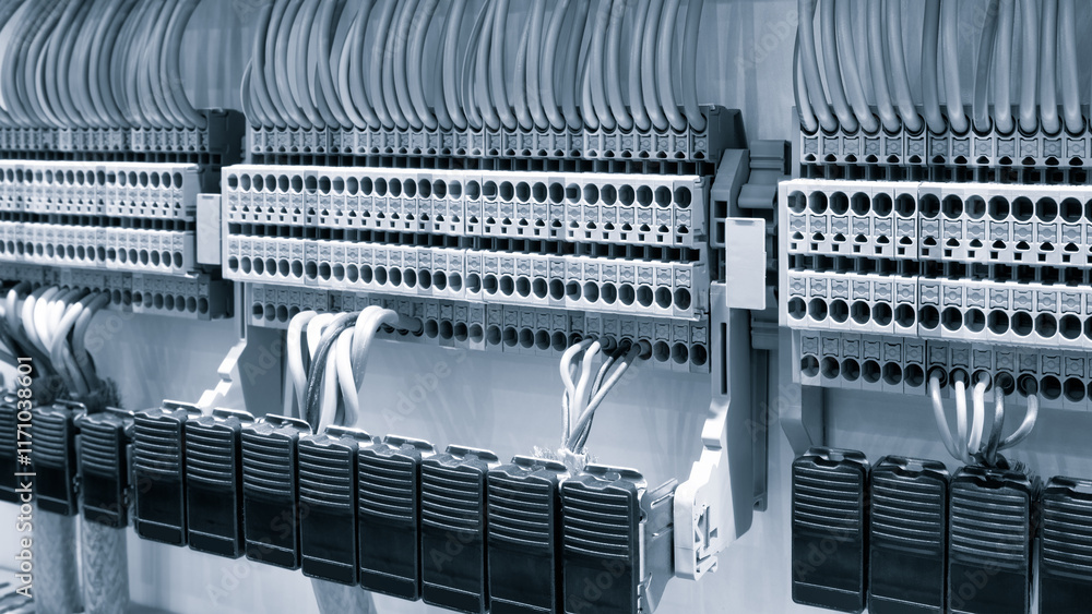 Aufkleber color wires in a box of distribution of an electricity, plc control panel with wiring, lectric contr