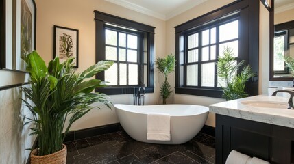 Modern bathroom with clean black-and-white tones, a large freestanding tub, a window, and a lush green plant for a serene feel.