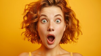 A very surprised woman with wide open eyes and mouth on a yellow background