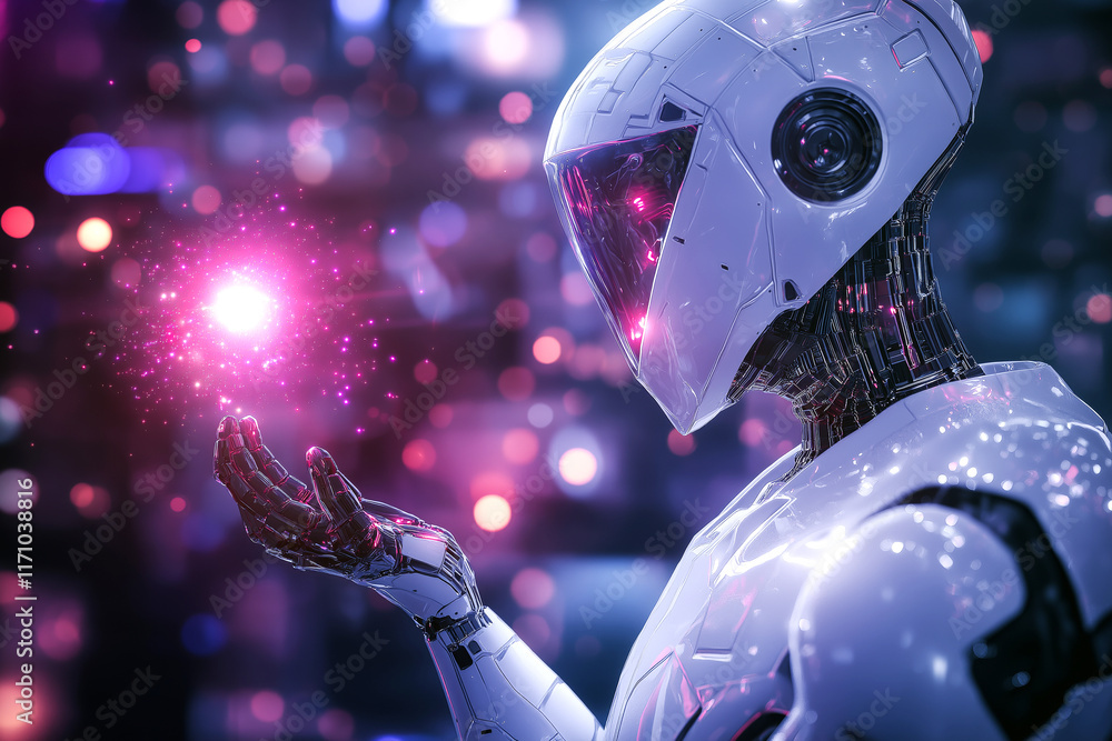 Poster a futuristic humanoid robot in a sleek white design holding a glowing orb of pink energy, surrounded