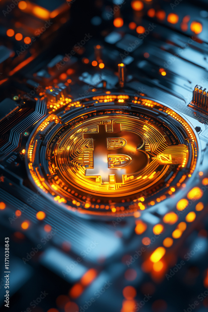 Poster abstract close-up of a golden cryptocurrency coin embedded in glowing circuits, set against a high-t