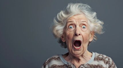 A very surprised elderly woman with wide open eyes and mouth on a grey background