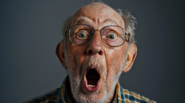 A very surprised elderly man with wide open eyes and mouth on a grey background