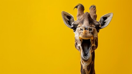 A surprised giraffe with its mouth open on a yellow background and a place for text	