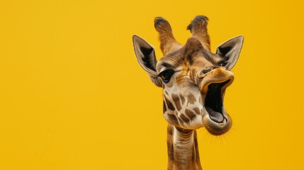 A surprised giraffe with its mouth open on a yellow background and a place for text	