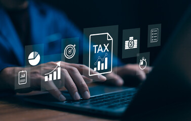 Tax Management Calculation Concept. Online tax preparation and analysis. Man typing on a laptop with digital icons for taxes, charts, and goals, symbolizing financial planning and tax management.