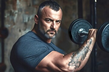 Muscular bodybuilder with tattoos lifting a heavy barbell, showcasing strength and commitment to fitness in a dimly lit gym, embodying the essence of determination and power