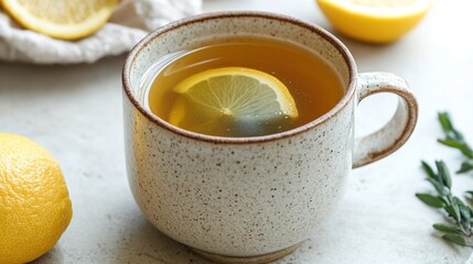 Warm herbal drink with lemon slice, surrounded by fresh lemons a