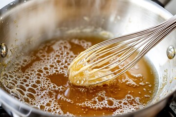 Simmering sauce in shiny pan with whisk gently stirring rich gol