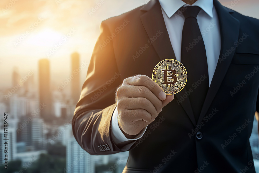 Poster conceptual image of a businessman in a modern suit holding a bitcoin coin with a cityscape in the ba