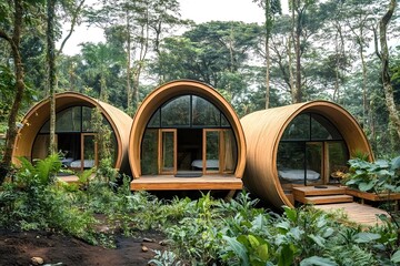Nestled within a vibrant tropical forest, modern, eco-friendly lodges offer a luxurious and immersive getaway, blending seamlessly with the natural surroundings and promoting sustainable tourism