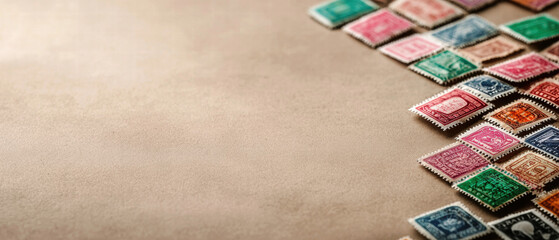 Secondhand shop, antique & vintage concept. A collection of colorful vintage stamps on a textured background.
