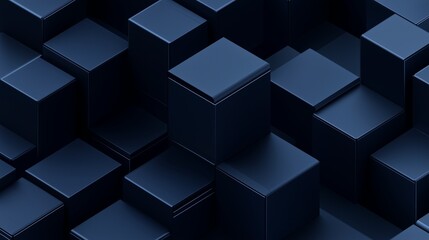 Obraz premium Isometric view of dark navy blue 3D cubes creating a minimalist, modern background, with attention to clean lines and geometric precision. Captured with ultra-high-definition clarity.