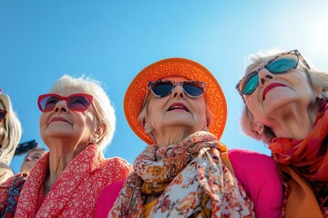 Seniors enjoy sunny day, showcasing vibrant outfits and stylish