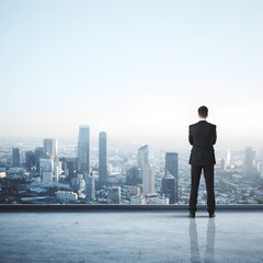 Fototapeta premium Man in Black Suit Overlooking Cityscape with Tall Skyscrapers
