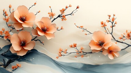 Peach Blossoms Gracefully Adorn Abstract Waves