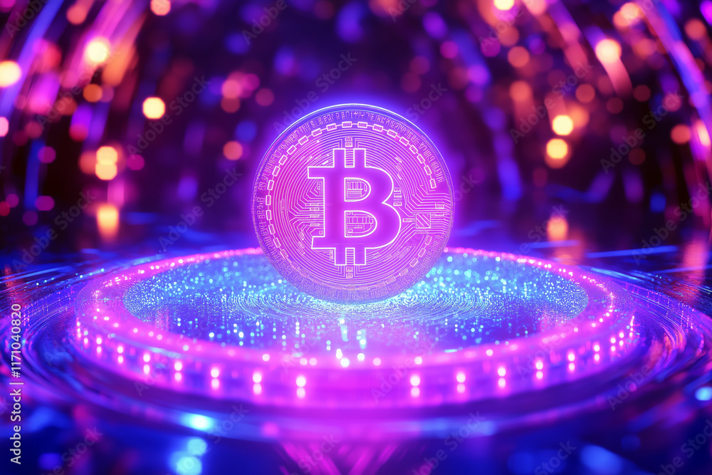 Poster futuristic glowing bitcoin coin in a digital holographic environment with neon lights and abstract p