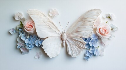 Elegant pale peach butterfly surrounded by pastel pink and blue flowers on a white background.