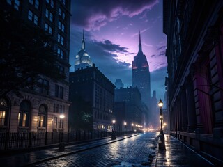 Fototapeta premium Mysterious Night Cityscape: Dark Urban Photography