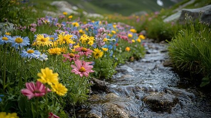 Obraz premium Vibrant and colorful flower field with a serene brook winding through it at the base of a lush verdant hillside A peaceful and tranquil natural landscape scene