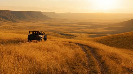 Naklejka premium Tourists Observing Wildlife from Jeeps at Sunset