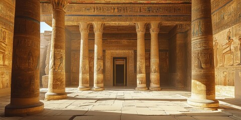 Ancient Egyptian temple interior with hieroglyphics and towering columns illuminated by soft sunlight