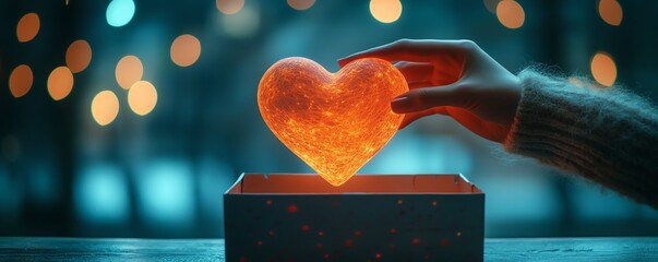 A beautiful heart being placed into a donation box, with a soft glow and vibrant energy, illustrating the impact of heart donations