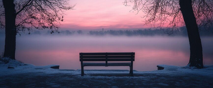 Serene winter sunrise over foggy lake with bench.