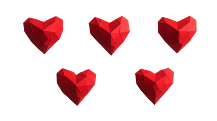 Set of geometric red origami paper hearts isolated on transparent background, Valentines day love romantic decoration