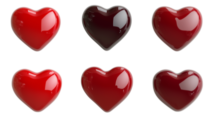 shiny 3D red hearts isolated on transparent background, Valentines day love romantic decoration