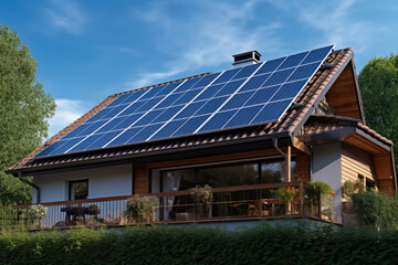 Fototapeta premium Solar panels producing energy on a roof of a clean residential house high resolution,. 