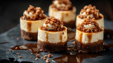 Mini caramel cheesecake bites drizzled with caramel sauce on a dark slate plate.