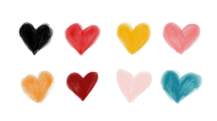 Set of hand drawn pencil colorful heart isolated on transparent background, Valentines day love romantic decoration