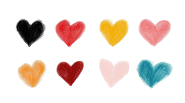 Set of hand drawn pencil colorful heart isolated on transparent background, Valentines day love romantic decoration