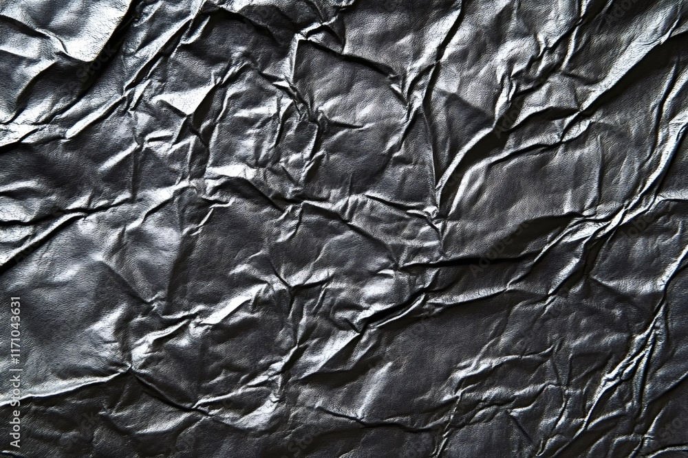 Poster Shiny, crumpled black wrapping paper forms an interesting textured background, suitable for various design and artistic projects needing a dark, abstract touch