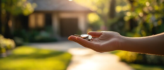 A closeup of a real estate agent s hand holding shiny keys, with a luxury house blurred in the background